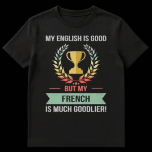 Vintage distressed black t-shirt with a humorous slogan about French and French kissing, featuring a trophy and laurel wreath graphics. on Black t-shirt