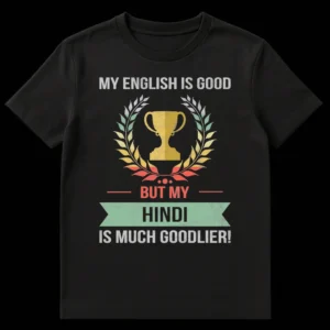Distressed black t-shirt with a vintage-style graphic. The text reads 'MY ENGLISH IS GOOD BUT MY HINDI IS MUCH GOODLIER!' with a central trophy and laurel wreath motif. Colors are muted grey, gold, teal, and coral. on Black t-shirt