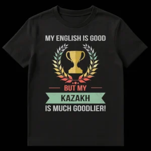 Vintage distressed black t-shirt with a trophy and laurel wreath, and the text 'MY ENGLISH IS GOOD BUT MY KAZAKH IS MUCH GOODLIER!' in an earthy retro color palette. on Black t-shirt