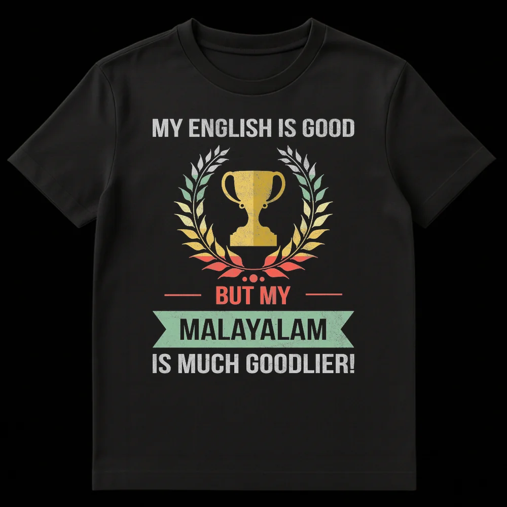Distressed vintage t-shirt with text 'MY ENGLISH IS GOOD BUT MY MALAYALAM IS MUCH GOODLIER!' featuring a trophy and laurel wreath celebrating Malayalam language pride. on Black t-shirt