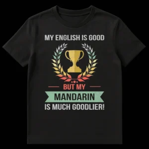 Distressed retro-typography t-shirt with a trophy, laurel wreath, and the text 'MY ENGLISH IS GOOD BUT MY MANDARIN IS MUCH GOODLIER!' on a black background. on Black t-shirt