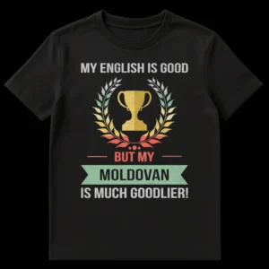 Vintage-style black t-shirt with a distressed trophy and wreath graphic and text about Moldovan language proficiency on Black t-shirt