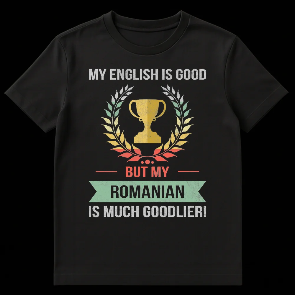 Vintage distressed black t-shirt with a golden trophy and laurel wreath, and text "MY ENGLISH IS GOOD BUT MY ROMANIAN IS MUCH GOODLIER!" on Black t-shirt