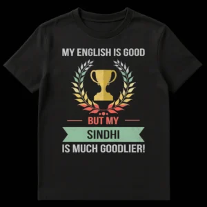 Distressed vintage t-shirt featuring a laurel wreath and trophy emblem with text 'MY ENGLISH IS GOOD BUT MY SINDHI IS MUCH GOODLIER!' in a muted color palette on a black background. on Black t-shirt