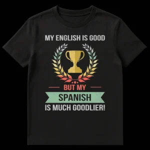 Distressed retro 'My English is Good But My Spanish is Much Goodlier!' t-shirt with trophy and wreath design in muted colors on Black t-shirt