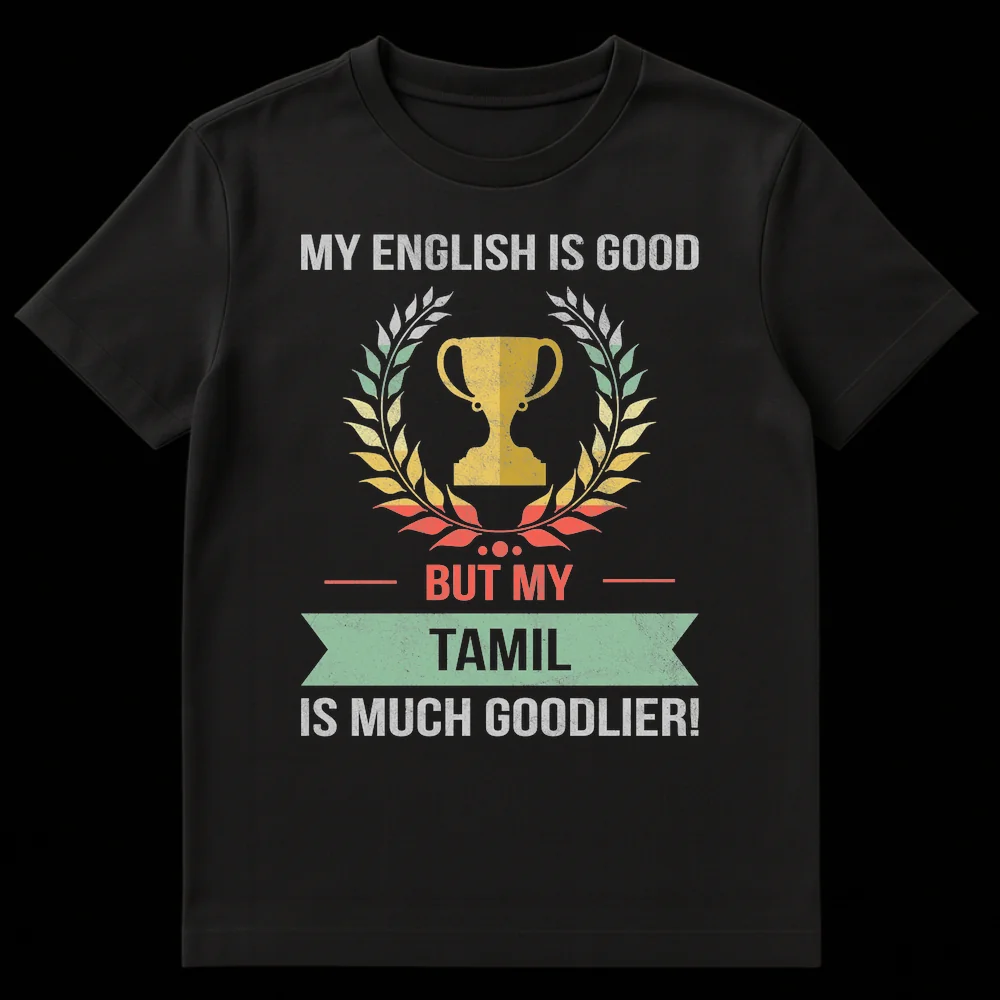 Vintage distressed t-shirt with text 'MY ENGLISH IS GOOD BUT MY TAMIL IS MUCH GOODLIER!' a trophy and laurel wreath, celebrating Tamil language pride on Black t-shirt