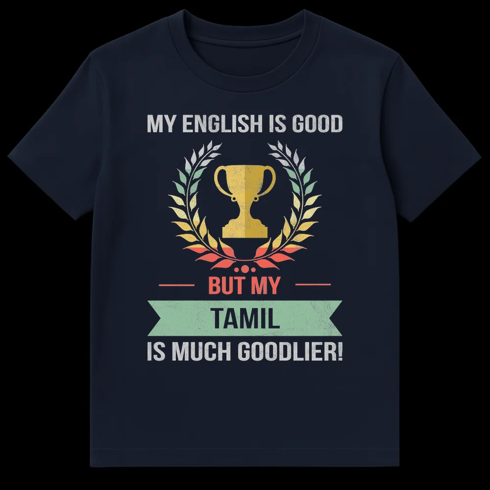 Vintage distressed t-shirt with text 'MY ENGLISH IS GOOD BUT MY TAMIL IS MUCH GOODLIER!' a trophy and laurel wreath, celebrating Tamil language pride on Navy Blue t-shirt