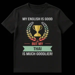 Vintage distressed graphic t-shirt with 'My English is good but my Thai is much goodlier!' text, trophy, and laurel wreath on black background. on Black t-shirt