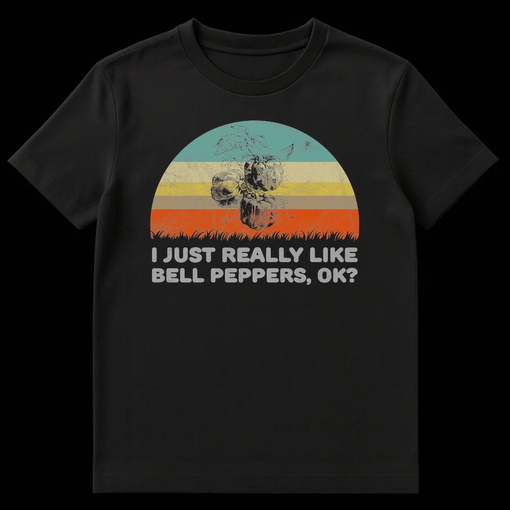 I JUST REALLY LIKE BELL PEPPERS, OK? t-shirt with vintage botanical bell pepper illustration, retro sunset, and distressed texture on a black background on Black t-shirt