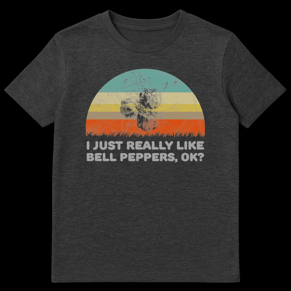 I JUST REALLY LIKE BELL PEPPERS, OK? t-shirt with vintage botanical bell pepper illustration, retro sunset, and distressed texture on a black background on Dark Heather t-shirt