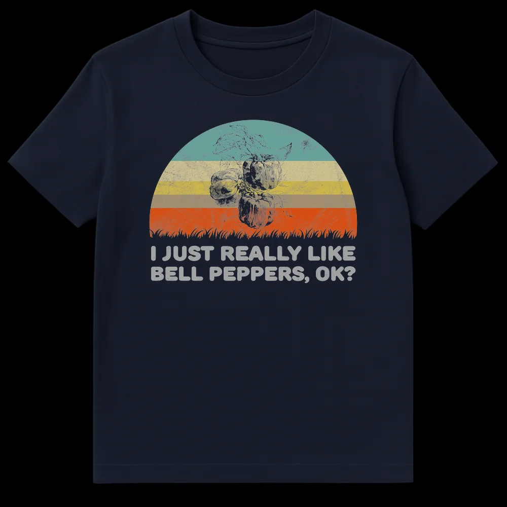 I JUST REALLY LIKE BELL PEPPERS, OK? t-shirt with vintage botanical bell pepper illustration, retro sunset, and distressed texture on a black background on Navy Blue t-shirt