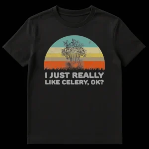 Vintage-style black t-shirt with a distressed sunset graphic and a detailed celery illustration, with the text 'I JUST REALLY LIKE CELERY, OK?' in white. on Black t-shirt