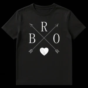 Distressed Bro Brotherhood T-Shirt with letters B-R-O, crossed arrows, and a heart symbolizing friendship and camaraderie. on Black t-shirt