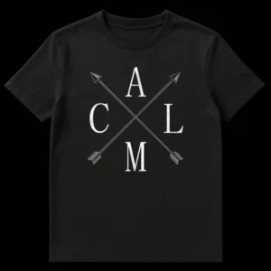Black t-shirt with a distressed off-white design of crossed arrows and the letters C, A, M, L in each quadrant, spelling 'CALM'. on Black t-shirt