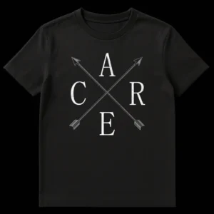 Black t-shirt with a distressed off-white design featuring the letters A, C, R, E arranged around two intersecting arrows, visually spelling out 'I Don't Care.' on Black t-shirt