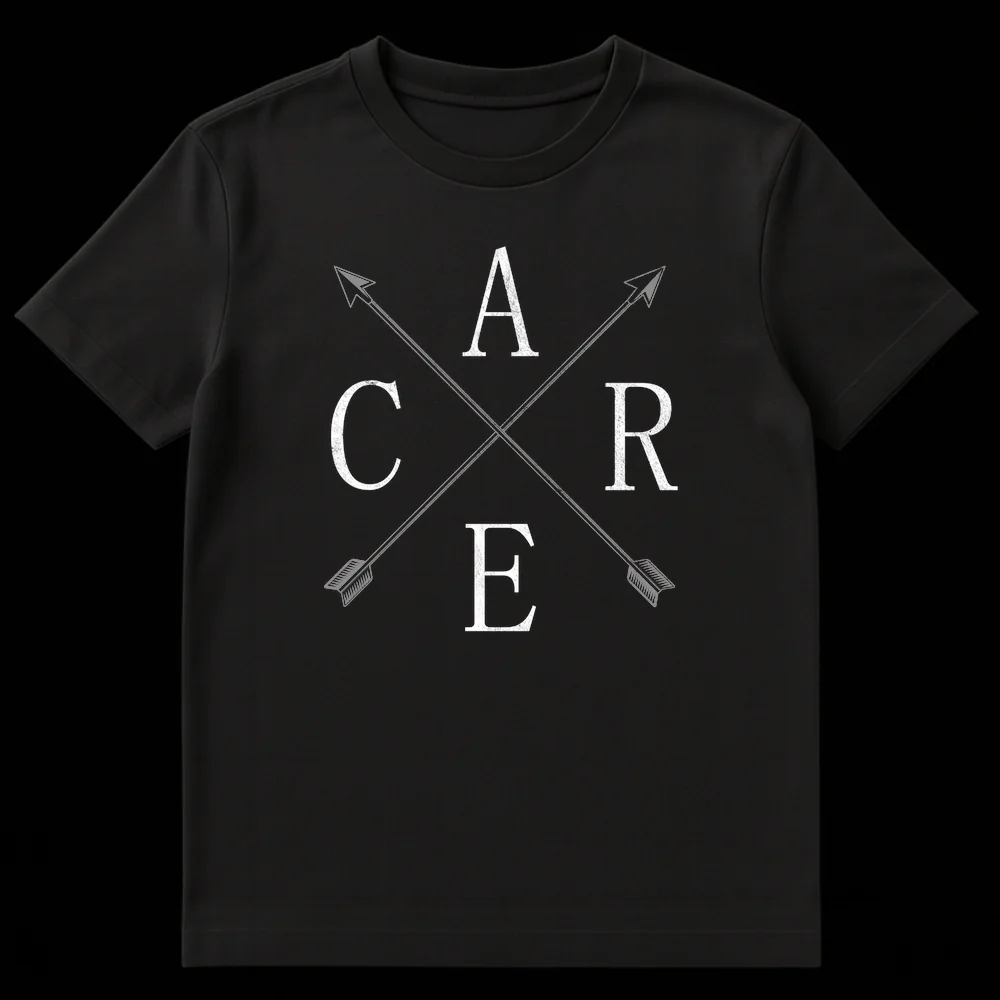 Black t-shirt with a distressed off-white design featuring the letters A, C, R, E arranged around two intersecting arrows, visually spelling out 'I Don't Care.' on Black t-shirt