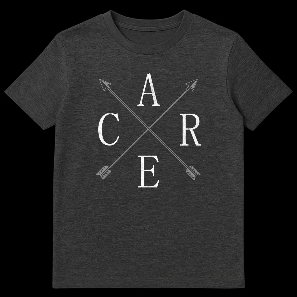 Black t-shirt with a distressed off-white design featuring the letters A, C, R, E arranged around two intersecting arrows, visually spelling out 'I Don't Care.' on Dark Heather t-shirt