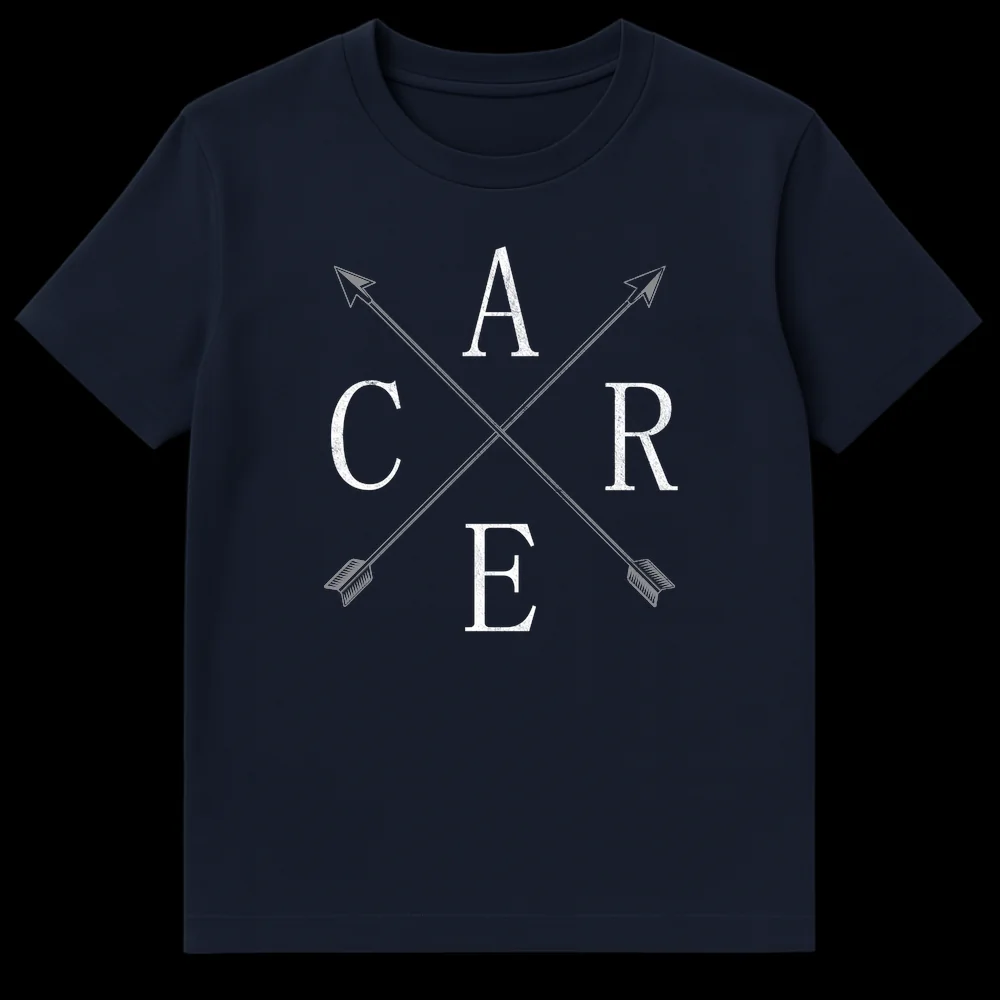 Black t-shirt with a distressed off-white design featuring the letters A, C, R, E arranged around two intersecting arrows, visually spelling out 'I Don't Care.' on Navy Blue t-shirt