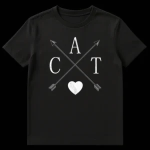 Distressed black t-shirt with off-white 'CAT' letters, a heart, and crossed arrows representing love for felines. on Black t-shirt