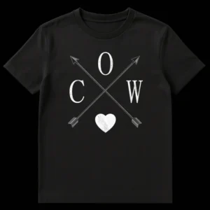 Rustic distressed black t-shirt with off-white 'I Love Cow' pun design featuring C, O, W letters, and a heart with crossed arrows. on Black t-shirt