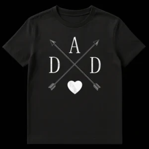 Distressed 'DAD' t-shirt with crossed arrows and heart symbol in white on black background, celebrating fatherhood. on Black t-shirt