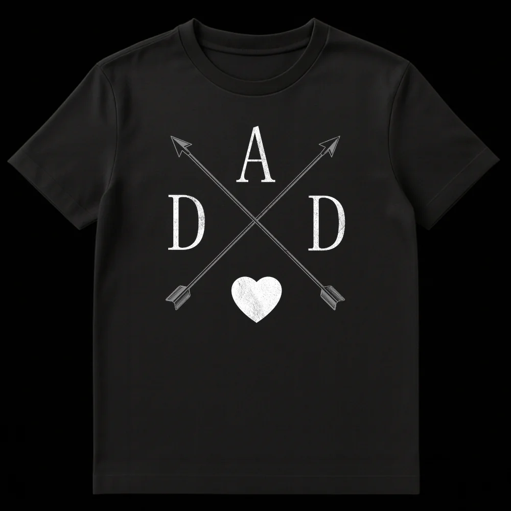 Distressed 'DAD' t-shirt with crossed arrows and heart symbol in white on black background, celebrating fatherhood. on Black t-shirt