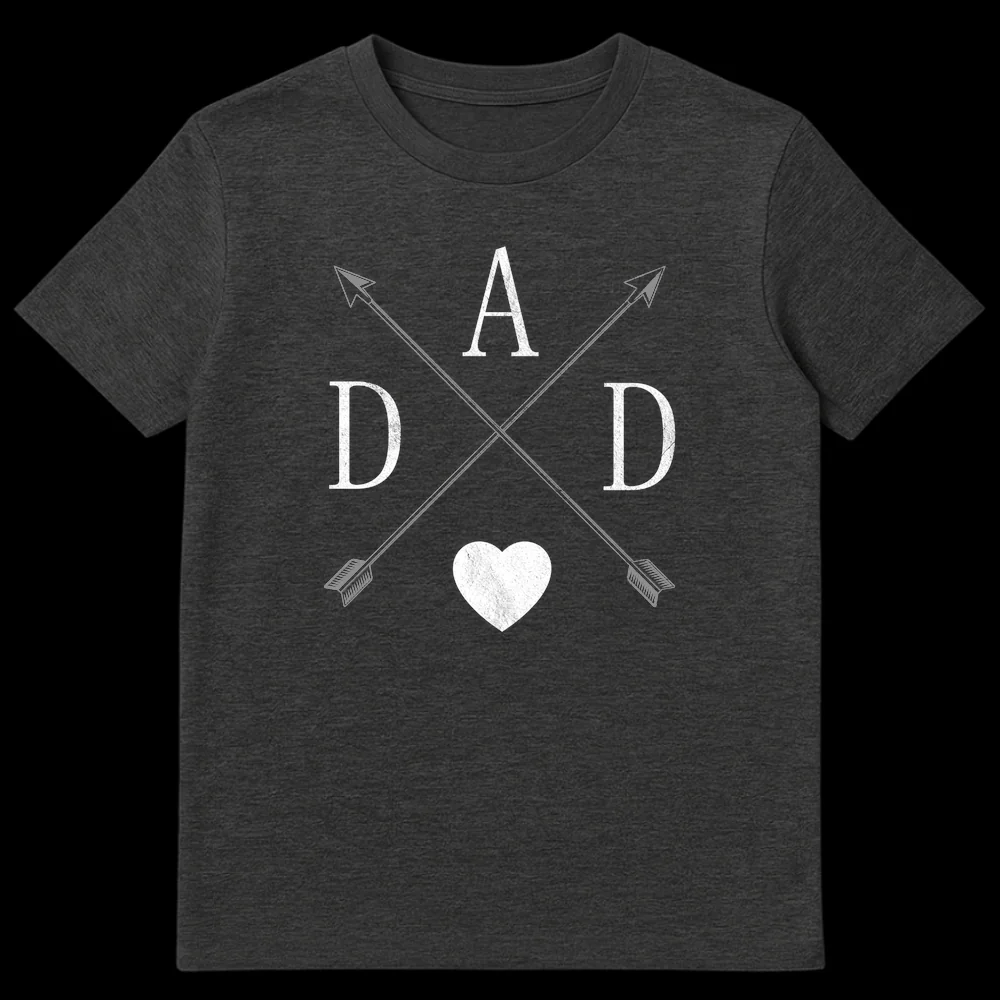 Distressed 'DAD' t-shirt with crossed arrows and heart symbol in white on black background, celebrating fatherhood. on Dark Heather t-shirt