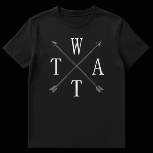 Black t-shirt with distressed off-white letters W T A T arranged around rustic crossed arrows, forming a subtle British slang wordplay design. on Black t-shirt