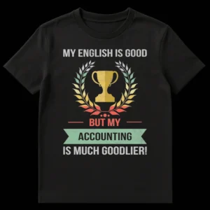 Vintage 'My English Is Good But My Accounting Is Much Goodlier!' t-shirt with trophy and laurel wreath design on black background. on Black t-shirt