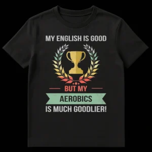 Distressed retro t-shirt with 'MY ENGLISH IS GOOD BUT MY AEROBICS IS MUCH GOODLIER!' slogan, trophy, and laurel wreath. on Black t-shirt