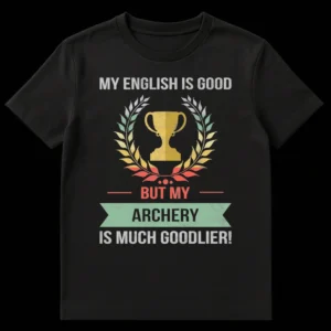 Vintage distressed black t-shirt with a humorous archery design featuring a trophy and laurel wreath. Text: 'MY ENGLISH IS GOOD BUT MY ARCHERY IS MUCH GOODLIER!' on Black t-shirt
