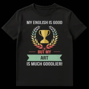 Vintage distressed 'My English is Good But My Art is Much Goodlier!' t-shirt with trophy and laurel graphic on black fabric. on Black t-shirt