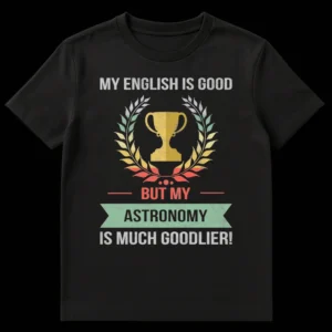 Distressed retro t-shirt with a humorous astronomy slogan: 'MY ENGLISH IS GOOD — BUT MY — ASTRONOMY IS MUCH GOODLIER!' featuring a trophy and laurel wreath graphic in muted vintage colors on black. on Black t-shirt