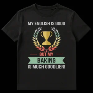 Vintage 'My English is Good But My Baking Is Much Goodlier' t-shirt with trophy and laurel wreath design on Black t-shirt