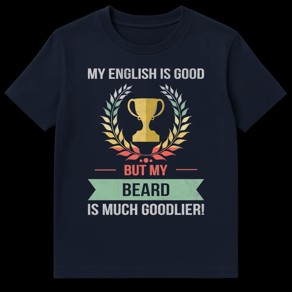 Man wearing a black t-shirt with vintage distressed graphic of a trophy and laurel wreath, and the text 'MY ENGLISH IS GOOD BUT MY BEARD IS MUCH GOODLIER!' on Navy Blue t-shirt