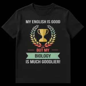 Vintage-style black t-shirt with 'MY ENGLISH IS GOOD BUT MY BIOLOGY IS MUCH GOODLIER!' text and trophy wreath graphic on Black t-shirt