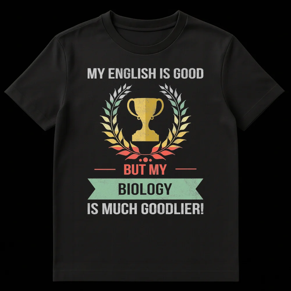 Vintage-style black t-shirt with 'MY ENGLISH IS GOOD BUT MY BIOLOGY IS MUCH GOODLIER!' text and trophy wreath graphic on Black t-shirt