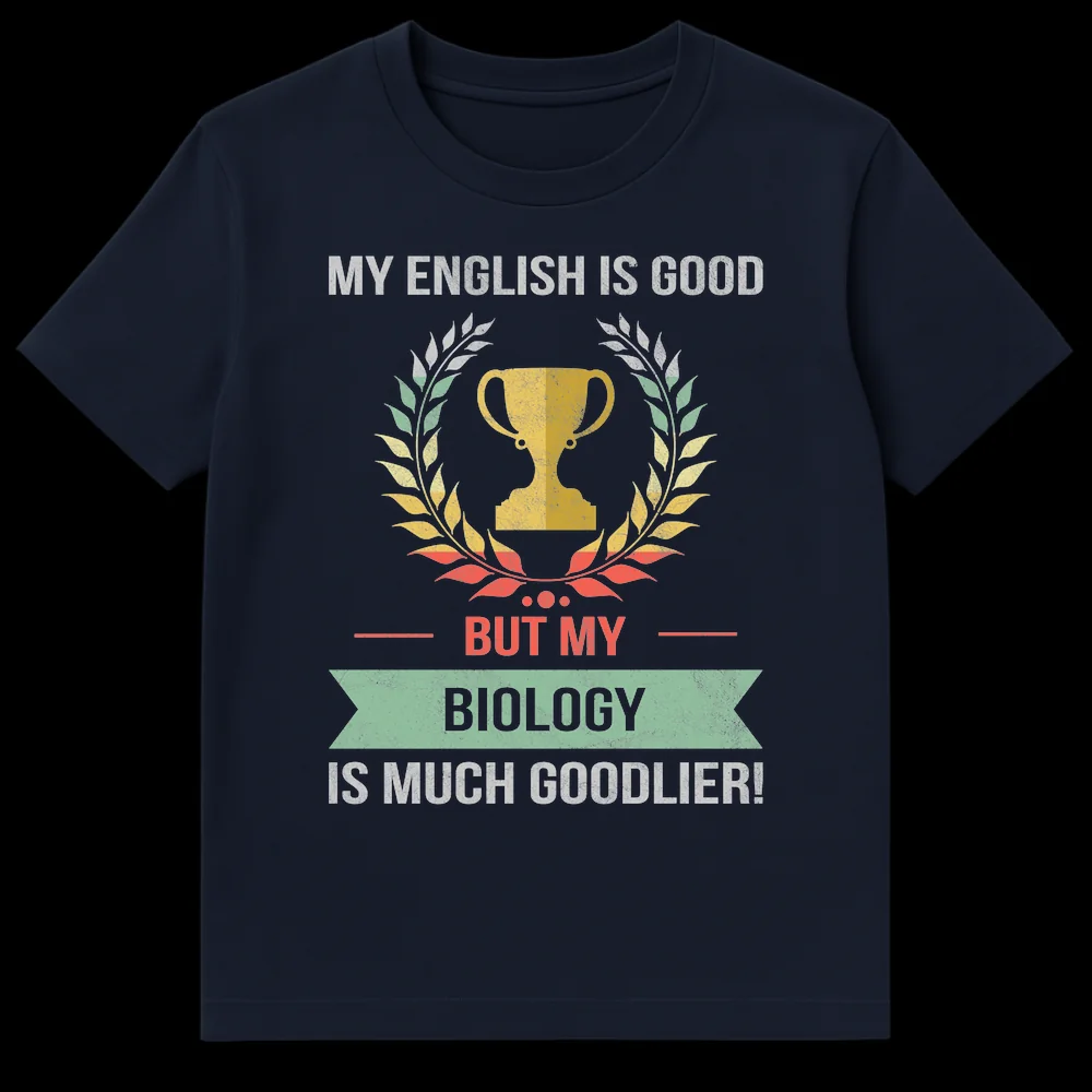 Vintage-style black t-shirt with 'MY ENGLISH IS GOOD BUT MY BIOLOGY IS MUCH GOODLIER!' text and trophy wreath graphic on Navy Blue t-shirt
