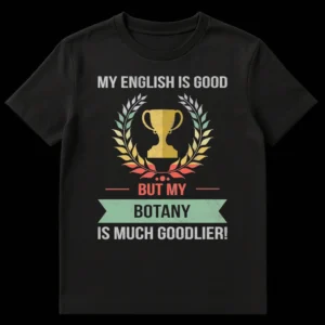 Vintage distressed black t-shirt with 'MY ENGLISH IS GOOD BUT MY BOTANY IS MUCH GOODLIER!' text, trophy, and wreath design in muted retro colors. on Black t-shirt