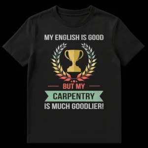 Distressed vintage black t-shirt with a golden trophy and laurel wreath, and the text 'MY ENGLISH IS GOOD BUT MY CARPENTRY IS MUCH GOODLIER!' in grey, red, and teal. on Black t-shirt