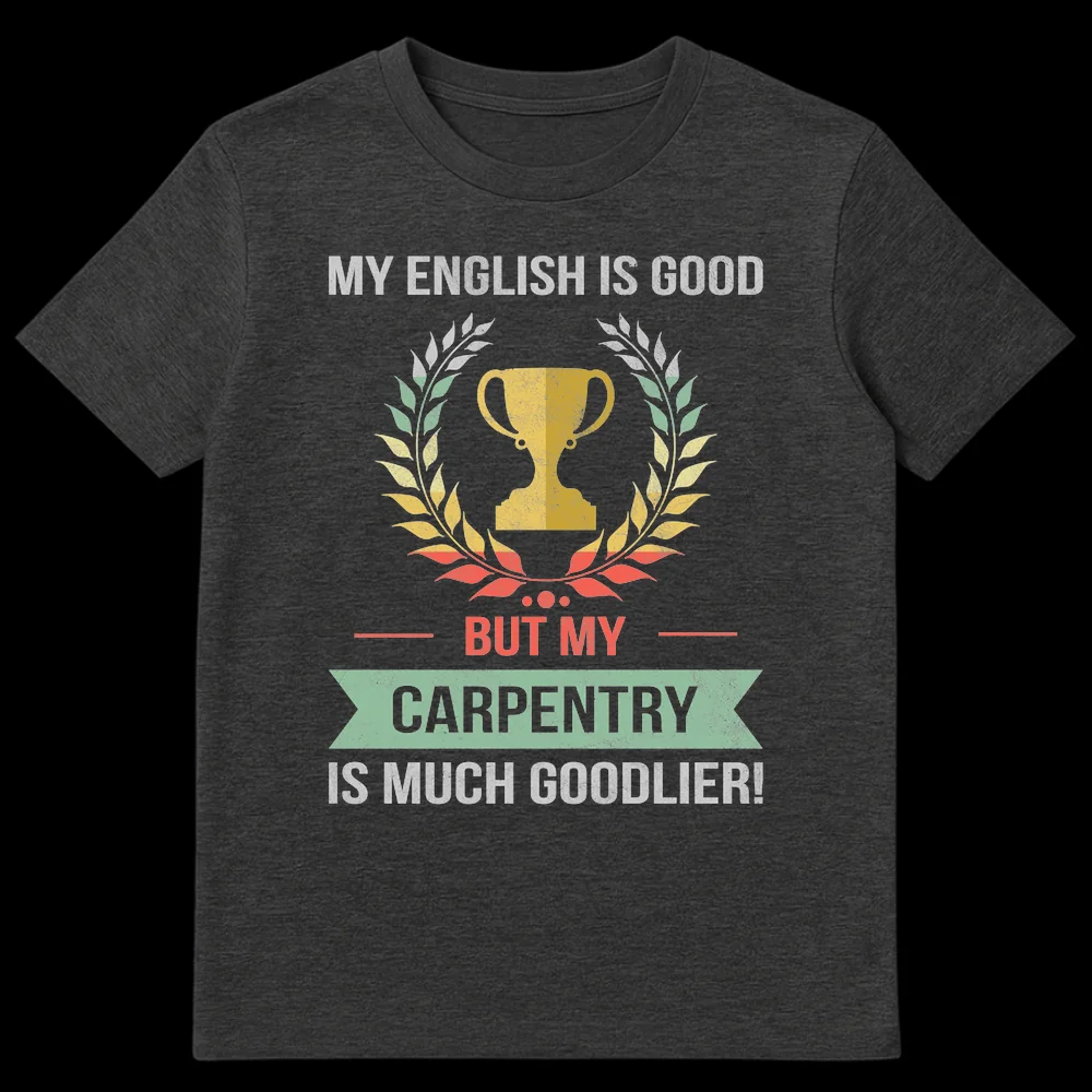 Distressed vintage black t-shirt with a golden trophy and laurel wreath, and the text 'MY ENGLISH IS GOOD BUT MY CARPENTRY IS MUCH GOODLIER!' in grey, red, and teal. on Dark Heather t-shirt