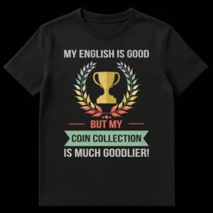 Distressed retro t-shirt with text 'MY ENGLISH IS GOOD BUT MY COIN COLLECTION IS MUCH GOODLIER!' featuring a trophy and laurel wreath graphic in muted vintage colors on a black background. on Black t-shirt