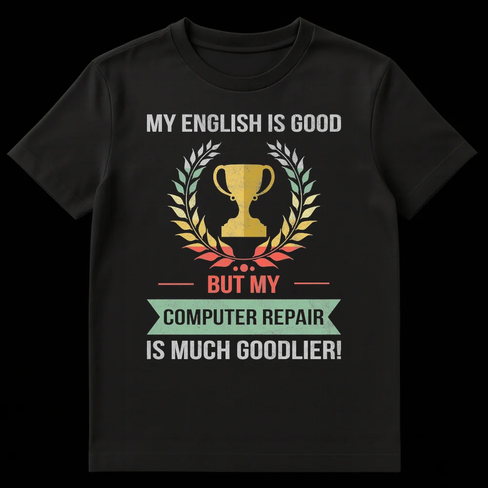 Humorous 'My English is Goodlier!' t-shirt featuring a distressed trophy and laurel wreath graphic for computer repair technicians. on Black t-shirt
