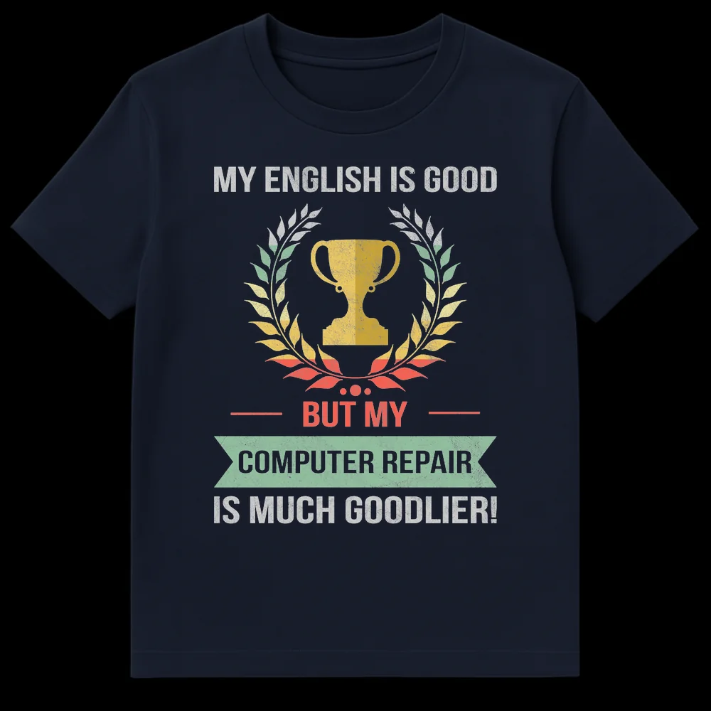 Humorous 'My English is Goodlier!' t-shirt featuring a distressed trophy and laurel wreath graphic for computer repair technicians. on Navy Blue t-shirt
