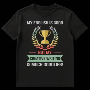 Vintage distressed black t-shirt with 'MY ENGLISH IS GOOD BUT MY CREATIVE WRITING IS MUCH GOODLIER!' text, golden trophy, and teal-coral laurel wreath. on Black t-shirt