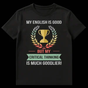 Black t-shirt with a vintage-style trophy and laurel wreath. Text reads 'MY ENGLISH IS GOOD BUT MY CRITICAL THINKING IS MUCH GOODLIER!' in distressed white, coral, and teal colors. on Black t-shirt