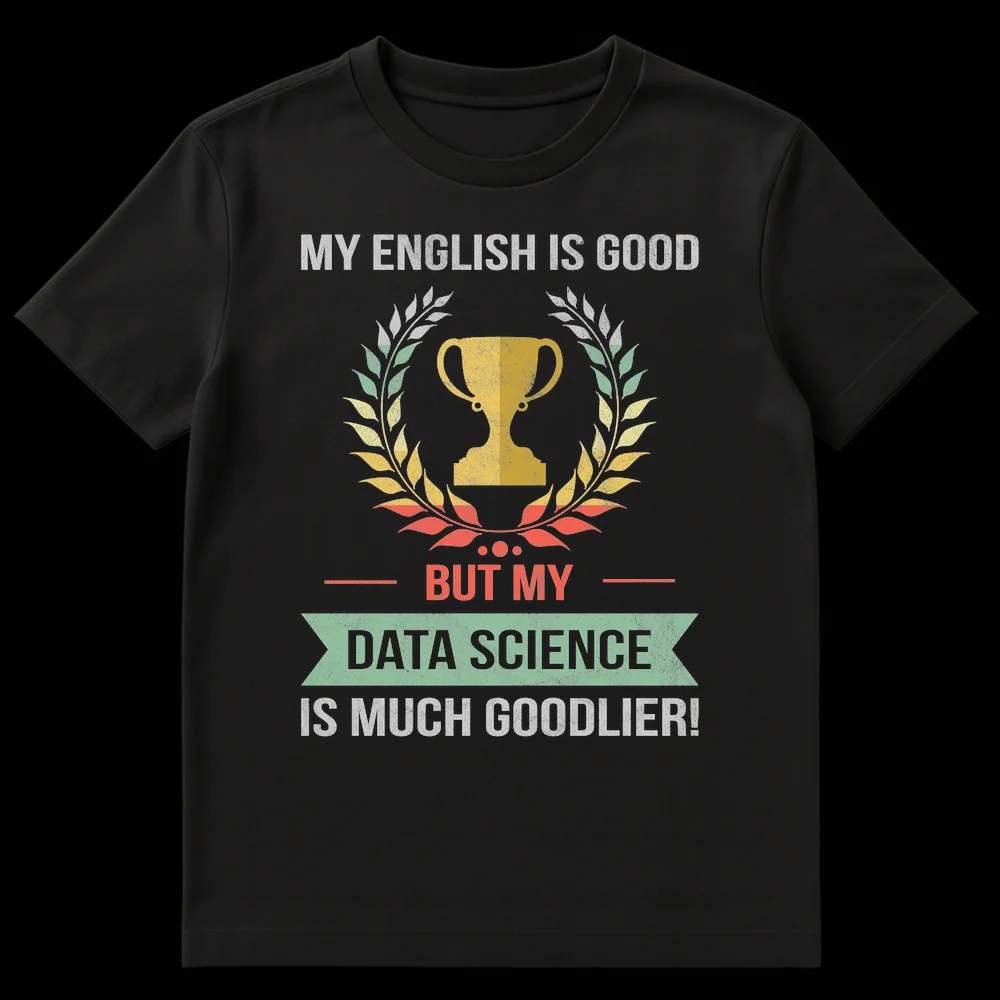 T-shirt featuring a trophy and laurel wreath with the text 'MY ENGLISH IS GOOD BUT MY DATA SCIENCE IS MUCH GOODLIER!' in a distressed, vintage style. on Black t-shirt