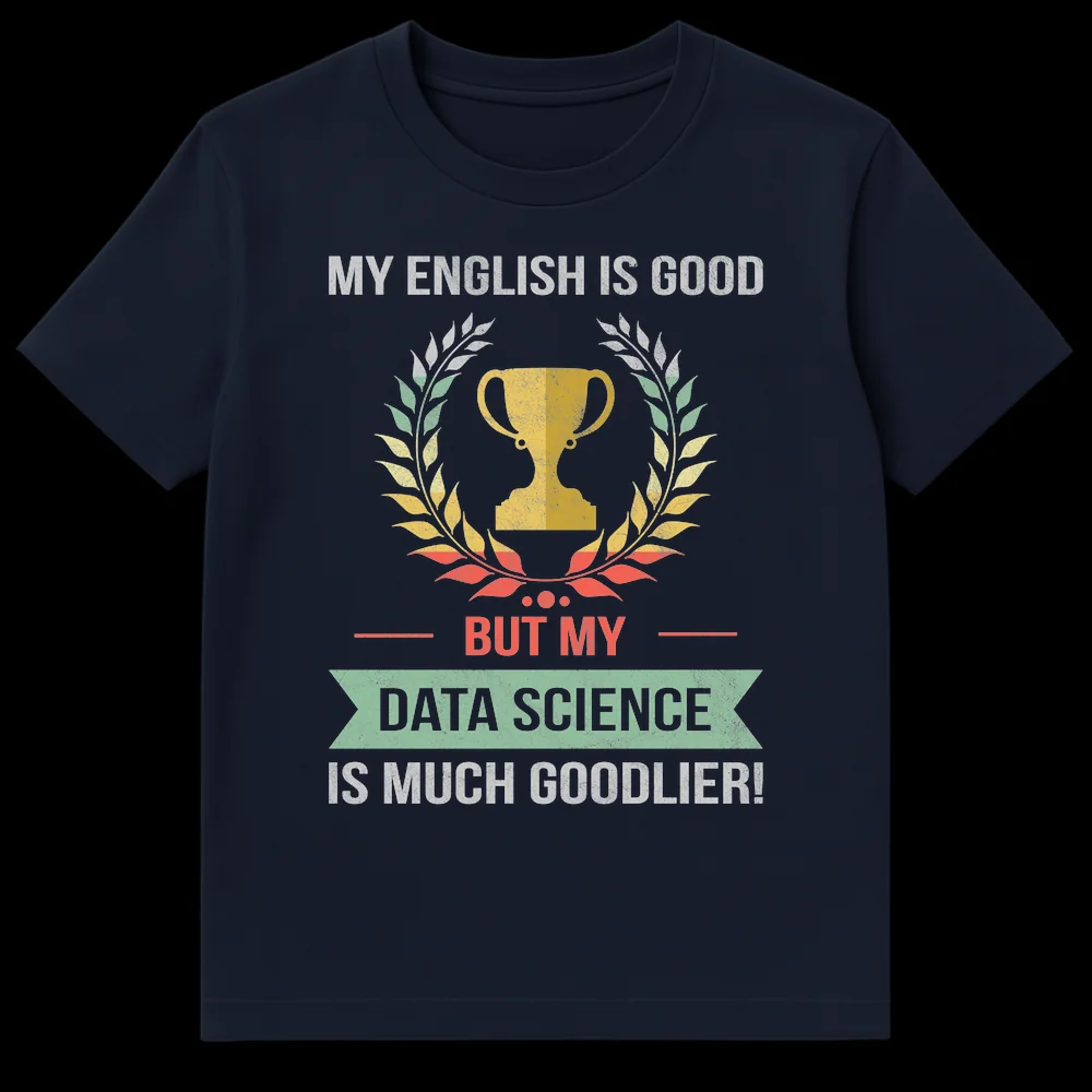 T-shirt featuring a trophy and laurel wreath with the text 'MY ENGLISH IS GOOD BUT MY DATA SCIENCE IS MUCH GOODLIER!' in a distressed, vintage style. on Navy Blue t-shirt