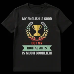 Vintage-style t-shirt for digital artists with text 'My English Is Good But My Digital Arts Is Much Goodlier!' and a trophy design in muted colors on a black background. on Black t-shirt