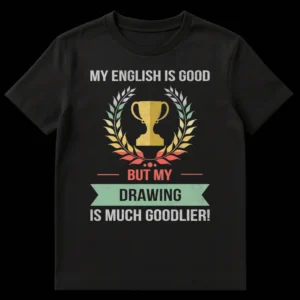Distressed vintage t-shirt design with a trophy, laurel wreath, and text 'MY ENGLISH IS GOOD BUT MY DRAWING IS MUCH GOODLIER!' on a black background. on Black t-shirt